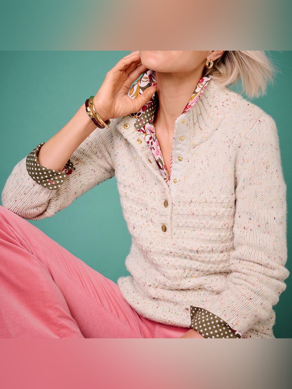 Talbots Cream Speckled Knit Sweater 1/4 Button Up  Pullover Large